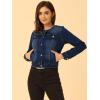 imageAllegra K Womens Denim Jacket Collarless Round Neck Button Down Long Sleeve Jean JacketsDeep Blue