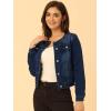 imageAllegra K Womens Denim Jacket Collarless Round Neck Button Down Long Sleeve Jean JacketsDeep Blue