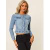 imageAllegra K Womens Denim Jacket Collarless Round Neck Button Down Long Sleeve Jean JacketsLight Blue