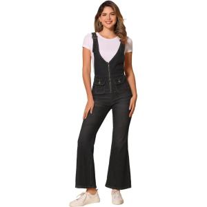 imageAllegra K Overalls Jeans for Womens Casual Adjustable Bib Bell Bottom Denim Pants JumpsuitsBlack