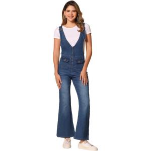 imageAllegra K Overalls Jeans for Womens Casual Adjustable Bib Bell Bottom Denim Pants JumpsuitsDark Blue