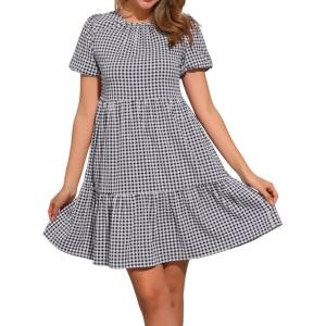 imageAllegra K Summer Dress for Women Gingham Short Sleeve Plaid Dresses Crewneck Loose Babydoll Casual Tiered DressesBlack
