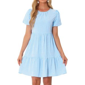 imageAllegra K Summer Dress for Women Gingham Short Sleeve Plaid Dresses Crewneck Loose Babydoll Casual Tiered DressesBlue