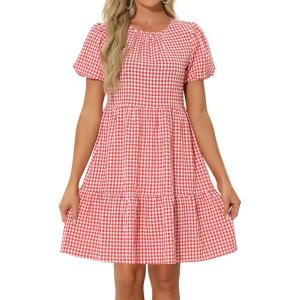 imageAllegra K Summer Dress for Women Gingham Short Sleeve Plaid Dresses Crewneck Loose Babydoll Casual Tiered DressesRed