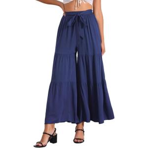 imageAllegra K Womens Boho Elastic High Waisted Ruffles Flare Palazzo Wide Leg PantsDark Blue