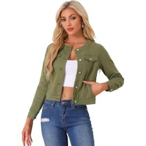 imageAllegra K Womens Denim Jacket Collarless Round Neck Button Down Long Sleeve Jean JacketsArmy Green