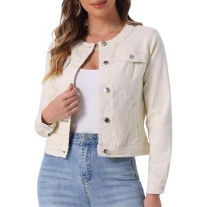 imageAllegra K Womens Denim Jacket Collarless Round Neck Button Down Long Sleeve Jean JacketsBeige