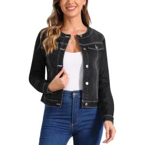 imageAllegra K Womens Denim Jacket Collarless Round Neck Button Down Long Sleeve Jean JacketsBlack