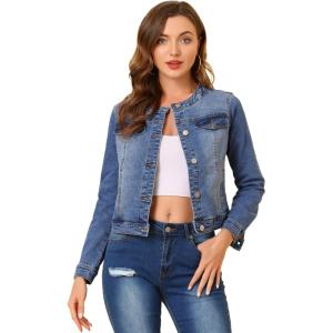 imageAllegra K Womens Denim Jacket Collarless Round Neck Button Down Long Sleeve Jean JacketsBlue