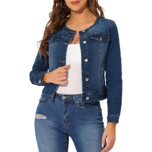 imageAllegra K Womens Denim Jacket Collarless Round Neck Button Down Long Sleeve Jean JacketsDark Blue