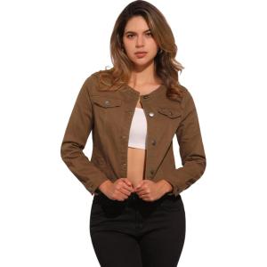 imageAllegra K Womens Denim Jacket Collarless Round Neck Button Down Long Sleeve Jean JacketsDark Brown