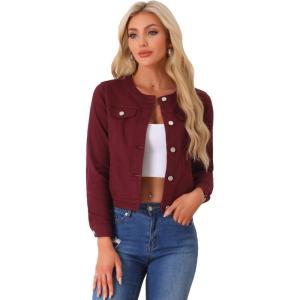 imageAllegra K Womens Denim Jacket Collarless Round Neck Button Down Long Sleeve Jean JacketsDark Red