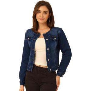 imageAllegra K Womens Denim Jacket Collarless Round Neck Button Down Long Sleeve Jean JacketsDeep Blue