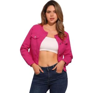 imageAllegra K Womens Denim Jacket Collarless Round Neck Button Down Long Sleeve Jean JacketsHot Pink