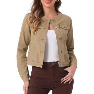 imageAllegra K Womens Denim Jacket Collarless Round Neck Button Down Long Sleeve Jean JacketsKhaki