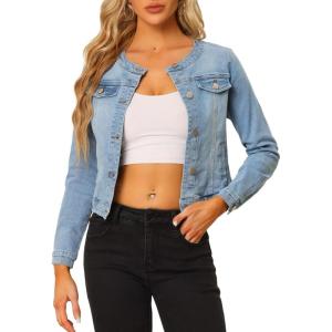 imageAllegra K Womens Denim Jacket Collarless Round Neck Button Down Long Sleeve Jean JacketsLight Blue