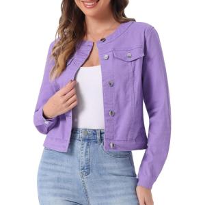 imageAllegra K Womens Denim Jacket Collarless Round Neck Button Down Long Sleeve Jean JacketsPurple