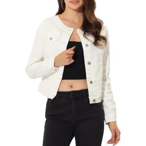 imageAllegra K Womens Denim Jacket Collarless Round Neck Button Down Long Sleeve Jean JacketsWhite