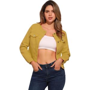 imageAllegra K Womens Denim Jacket Collarless Round Neck Button Down Long Sleeve Jean JacketsYellow