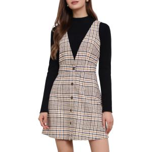 imageAllegra K Womens Overall Dresses Fall Jumper Halloween Houndstooth Pinafore Plaid DressesBlack Khaki