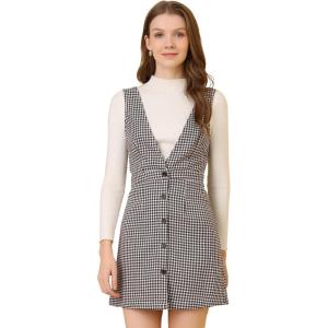 imageAllegra K Womens Overall Dresses Fall Jumper Halloween Houndstooth Pinafore Plaid DressesWhite Brown