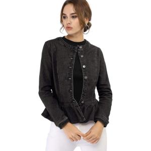 imageAllegra K Womens Peplum Denim Jackets Collarless Round Neck Button Down Cropped Ruffle Hem JacketBlack