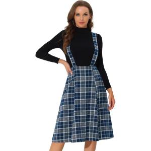 imageAllegra K Womens Plaid Suspender Skirts Vintage Tartan High Waist ALine Midi Overall SkirtDark Blue