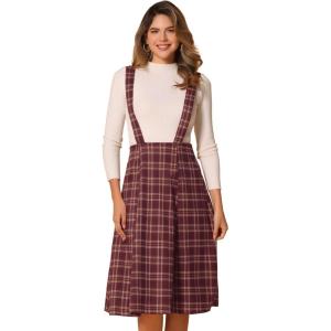 imageAllegra K Womens Plaid Suspender Skirts Vintage Tartan High Waist ALine Midi Overall SkirtDark Red