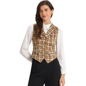 imageAllegra K Womens Plaid Waistcoat Notched Lapel Collar Single Breasted Vintage VestYellow