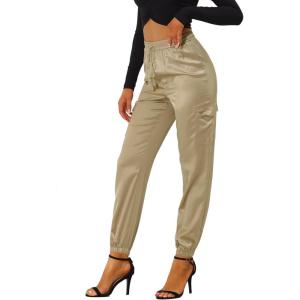imageAllegra K Womens Satin Pants Tie Elastic High Waist Shiny Silky Dressy Satin Cargo JoggersKhaki