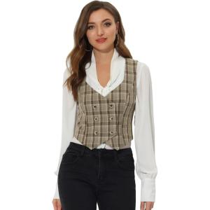 imageAllegra K Womens Suit Vest Plaid Steampunk Vintage 1950s Double Breasted WaistcoatBrown