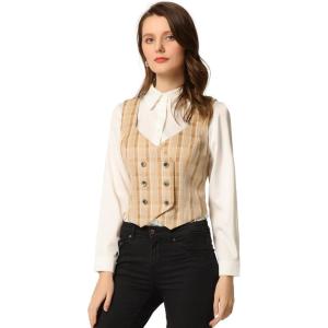 imageAllegra K Womens Suit Vest Plaid Steampunk Vintage 1950s Double Breasted WaistcoatKhaki
