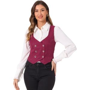 imageAllegra K Womens Suit Vest Plaid Steampunk Vintage 1950s Double Breasted WaistcoatRed