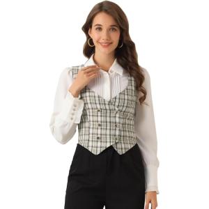 imageAllegra K Womens Suit Vest Plaid Steampunk Vintage 1950s Double Breasted WaistcoatWhite