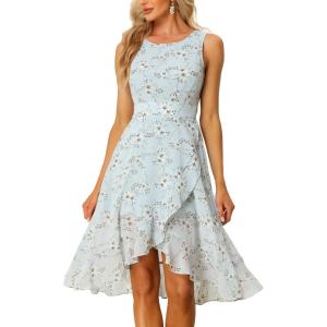 imageAllegra K Womens Summer Dresses 2025 Wrap Ruffle High Low Hem Round Neck Keyhole Back Sleeveless Floral DressLight Blue