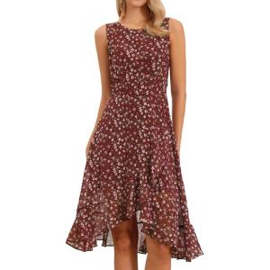 imageAllegra K Womens Summer Dresses 2025 Wrap Ruffle High Low Hem Round Neck Keyhole Back Sleeveless Floral DressWine Red