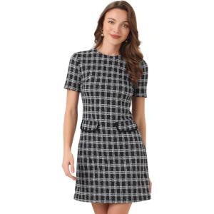 imageAllegra K Work Dress for Women Short Sleeve Vintage Houndstooth Above The Knee DressBlack White