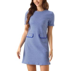 imageAllegra K Work Dress for Women Short Sleeve Vintage Houndstooth Above The Knee DressBlue Houndstooth