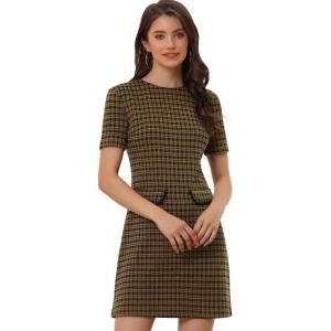 imageAllegra K Work Dress for Women Short Sleeve Vintage Houndstooth Above The Knee DressBrown