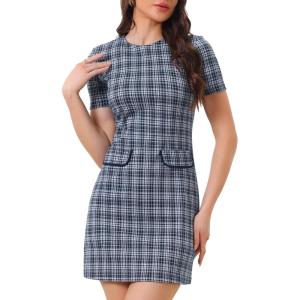 imageAllegra K Work Dress for Women Short Sleeve Vintage Houndstooth Above The Knee DressDark Blue