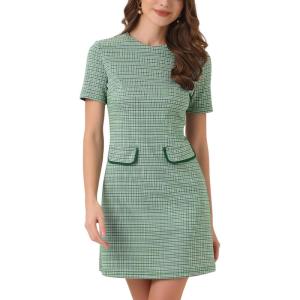 imageAllegra K Work Dress for Women Short Sleeve Vintage Houndstooth Above The Knee DressGreen