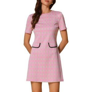 imageAllegra K Work Dress for Women Short Sleeve Vintage Houndstooth Above The Knee DressPink