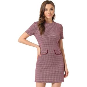 imageAllegra K Work Dress for Women Short Sleeve Vintage Houndstooth Above The Knee DressRed