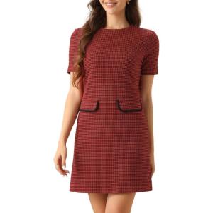 imageAllegra K Work Dress for Women Short Sleeve Vintage Houndstooth Above The Knee DressRed Houndstooth