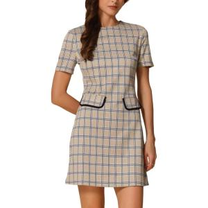 imageAllegra K Work Dress for Women Short Sleeve Vintage Houndstooth Above The Knee DressTan