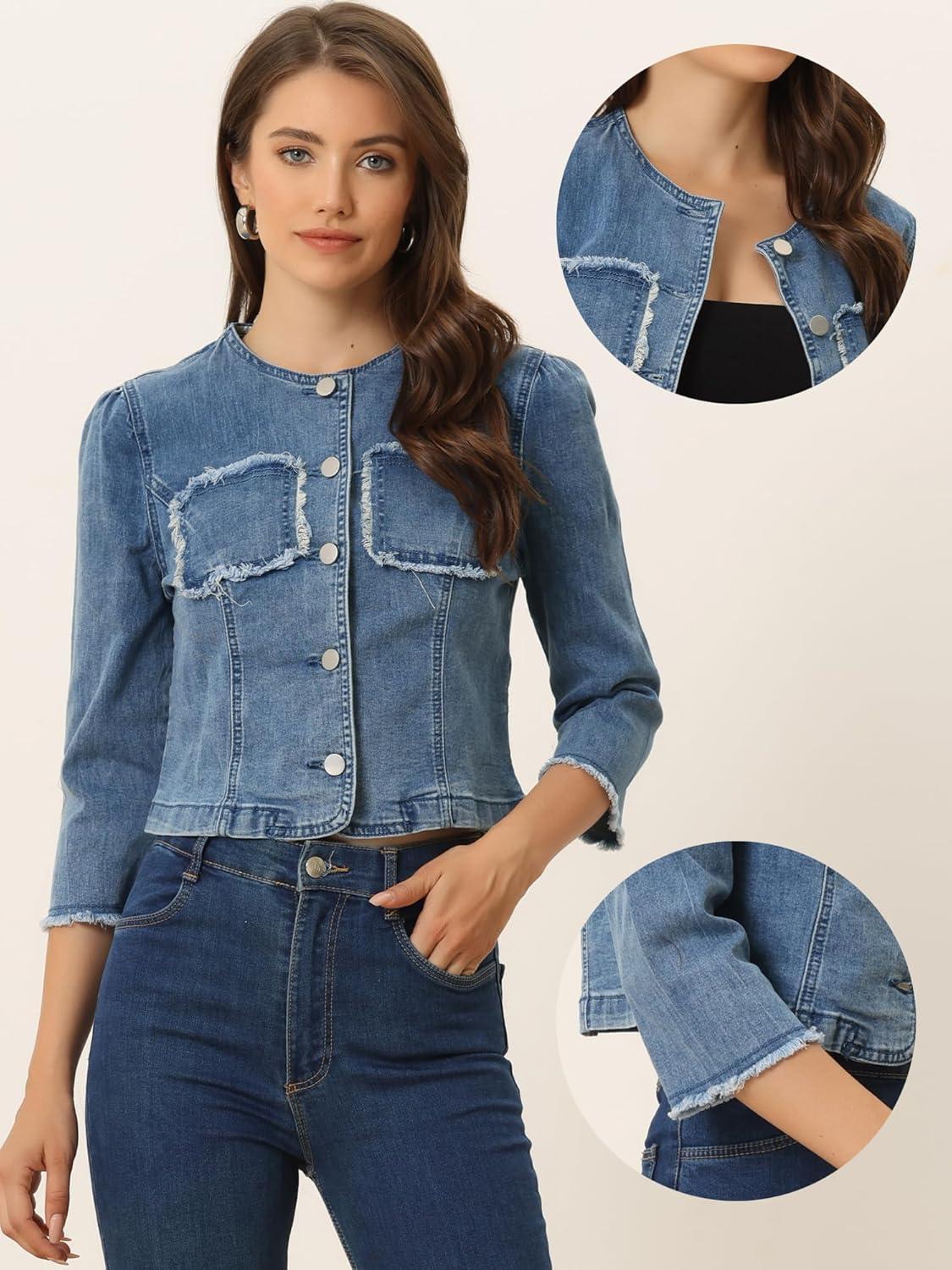 imageAllegra K Denim Jacket for Womens Collarless 2024 Cardigan Distresse 34 Sleeve Crop Jean JacketsBlue