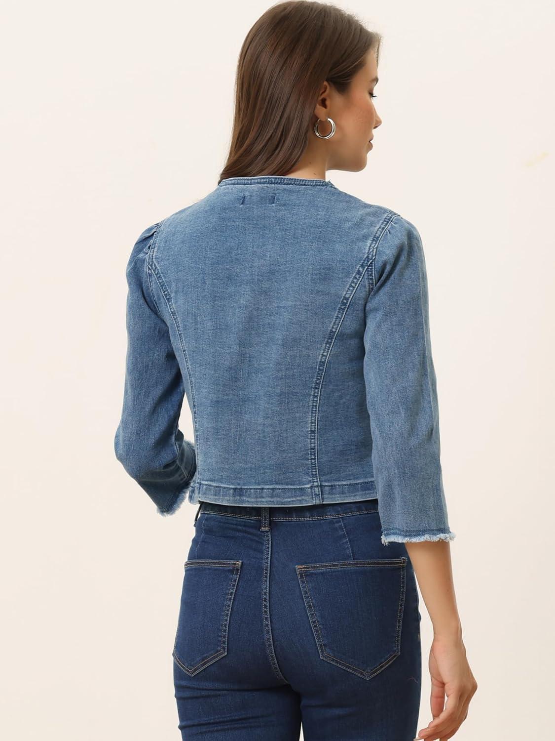 imageAllegra K Denim Jacket for Womens Collarless 2024 Cardigan Distresse 34 Sleeve Crop Jean JacketsBlue