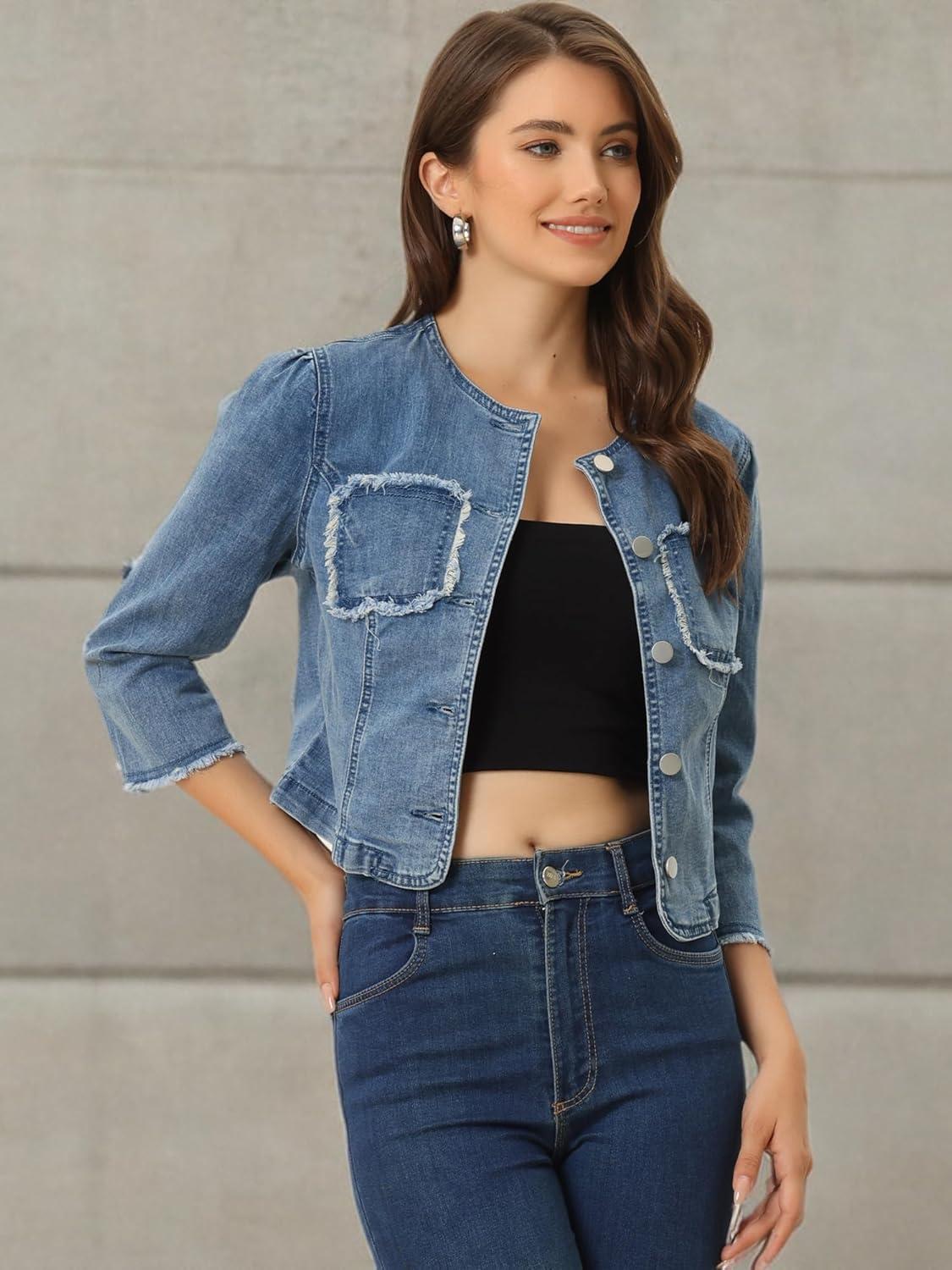 imageAllegra K Denim Jacket for Womens Collarless 2024 Cardigan Distresse 34 Sleeve Crop Jean JacketsBlue