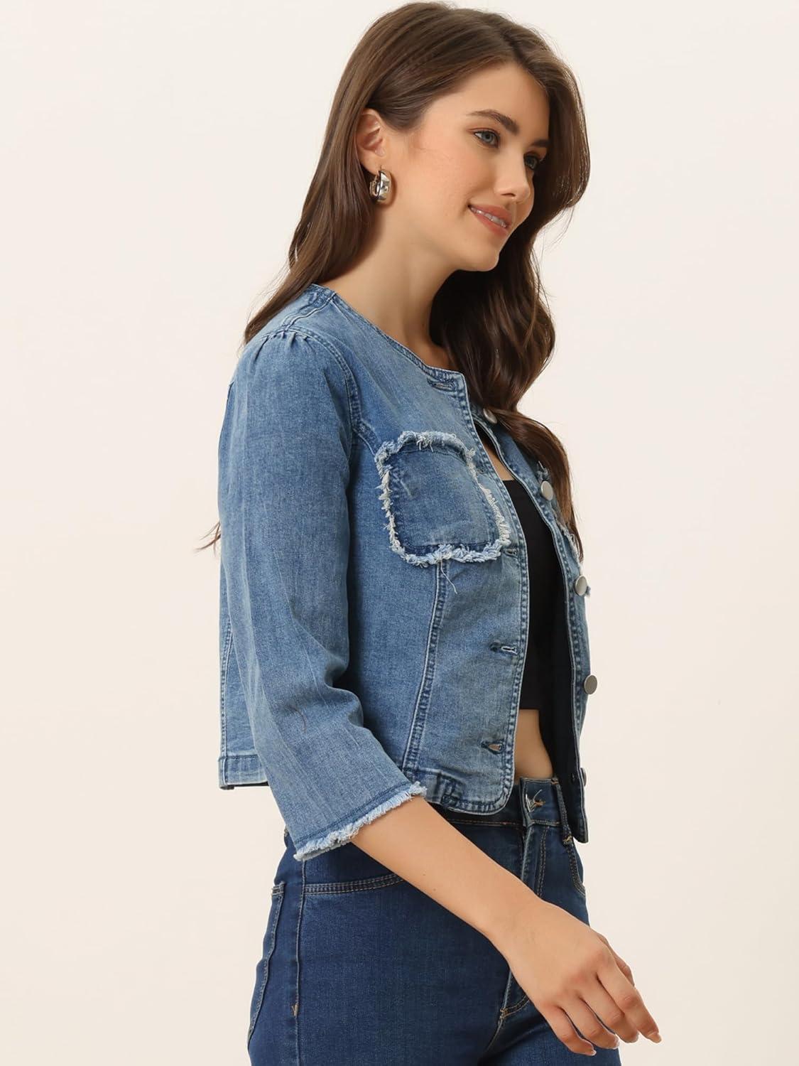 imageAllegra K Denim Jacket for Womens Collarless 2024 Cardigan Distresse 34 Sleeve Crop Jean JacketsBlue