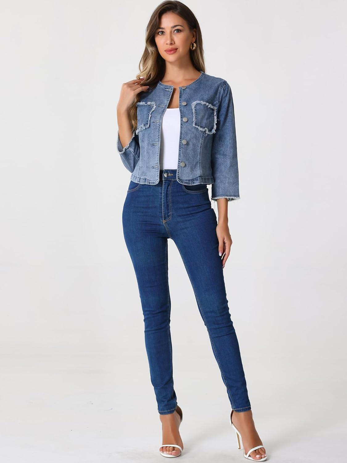 imageAllegra K Denim Jacket for Womens Collarless 2024 Cardigan Distresse 34 Sleeve Crop Jean JacketsGrey Blue